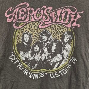 Aerosmith Get Your Wings 1974 US Tour Graphic T-Shirt Gray Mens Small Cotton
